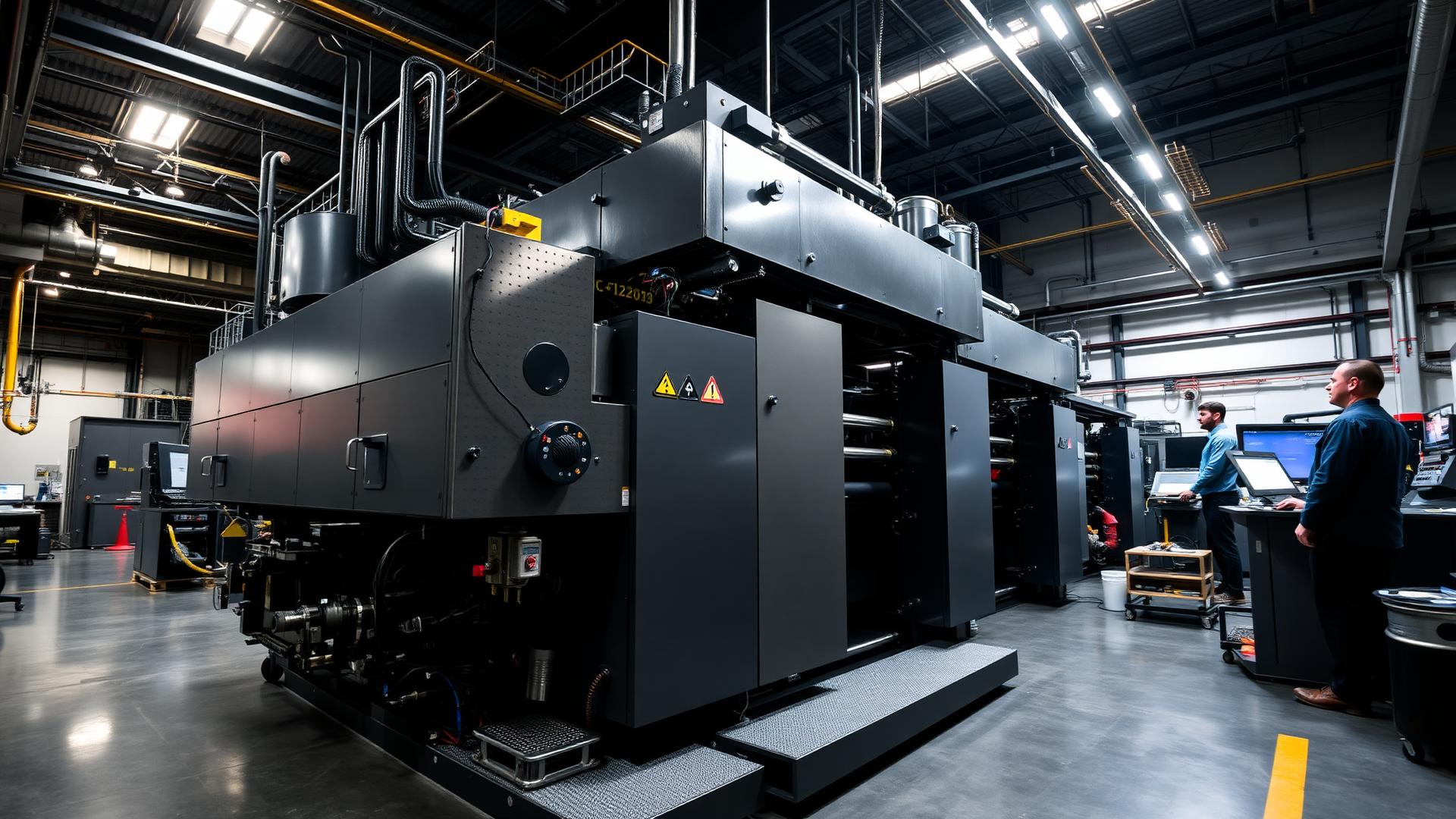 Central-impression flexographic printing press in a manufacturing plant